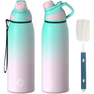 Fjbottle Gourde Isotherme avec Couvercle Magnétique – 400ml/600ml/800ml/1L/1.5L – Bouteille Isotherme Étanche sans BPA, Gourde Inox Bouche Standard, Gourde Enfant pour Sport, Gym, Voyage(Vert et Rose)