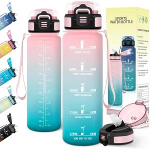 Gourde 1l, Anti-Fuite, Gourde Sport, avec Paille, Bouteille, avec Marqueur de Temps, Bouteille d&rsquo;eau, Réutilisable, pour Fitness, Yoga, Sport, Camping, Gym, Travail, Jaune-Rose(Rose-vert)