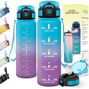 Gourde 1l, Anti-Fuite, Gourde Sport, avec Paille, Bouteille, avec Marqueur de Temps, Bouteille d&rsquo;eau, Réutilisable, pour Fitness, Yoga, Sport, Camping, Gym, Travail, Jaune-Rose(Bleu-violet)