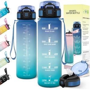 Gourde 1l, Anti-Fuite, Gourde Sport, avec Paille, Bouteille, avec Marqueur de Temps, Bouteille d&rsquo;eau, Réutilisable, pour Fitness, Yoga, Sport, Camping, Gym, Travail, Jaune-Rose(Bleu-vert)