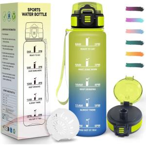 Gourde, Réutilisable, Gourde Sport 1 Litre, Slogans de Motivation Marqueur Horaire, Bouteille, Étanche, Portable, Bouteille D&rsquo;eau pour Salle de Sport, Vélo, Bureau, Extérieur, École(Jaune & Bleu – 1000ml)