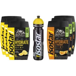 Isostar Set – 3 x 400 g citron + 3 x 400 g orange + 1 bouteille de 1 l | Hydrate & Perform Iso Drink | Poudre isotonique | Poudre électrolyte pour soutenir les performances sportives
