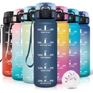 Motswedi Gourde 1l, Anti-Fuite, Gourde Sport, avec Marqueur de Temps, Bouteille d&rsquo;eau, Réutilisable, Bouteille, pour Sport, Randonnée, Yoga, Fitness, Noir Rouge(Bleu Foncé)