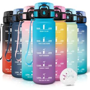 Motswedi Gourde 1l, Anti-Fuite, Gourde Sport, avec Marqueur de Temps, Bouteille d&rsquo;eau, Réutilisable, Bouteille, pour Sport, Randonnée, Yoga, Fitness, Noir Rouge(Bleu Violet)