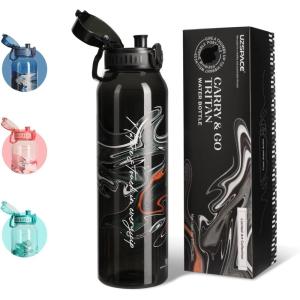UZSPACE Gourde Sport 1L – Gourde Adulte Transparente sans BPA avec Poignée – Étanche Bouteille d&rsquo;eau -Idéal pour Fitness et Voyage, Bleu Ardoise(Impression Artistique Noire)
