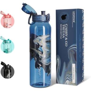 UZSPACE Gourde Sport 1L – Gourde Adulte Transparente sans BPA avec Poignée – Étanche Bouteille d&rsquo;eau -Idéal pour Fitness et Voyage, Bleu Ardoise(Impression Artistique Bleue)