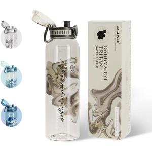 UZSPACE Gourde Sport 1L – Gourde Adulte Transparente sans BPA avec Poignée – Étanche Bouteille d&rsquo;eau -Idéal pour Fitness et Voyage, Bleu Ardoise(Imprimé Artistique Blanc Givré)