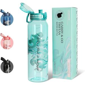 UZSPACE Gourde Sport 1L – Gourde Adulte Transparente sans BPA avec Poignée – Étanche Bouteille d&rsquo;eau -Idéal pour Fitness et Voyage, Bleu Ardoise(Imprimé Artistique Turquoise)