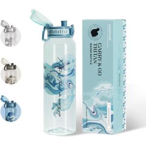 UZSPACE Gourde Sport 1L – Gourde Adulte Transparente sans BPA avec Poignée – Étanche Bouteille d&rsquo;eau -Idéal pour Fitness et Voyage, Bleu Ardoise(Imprimé Artistique Bleu Brumeux)