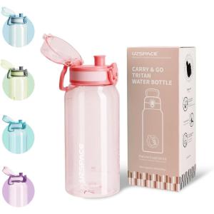 UZSPACE Gourde Sport 1L – Gourde Adulte Transparente sans BPA avec Poignée – Étanche Bouteille d&rsquo;eau -Idéal pour Fitness et Voyage, Bleu Ardoise(Quartz Rose)