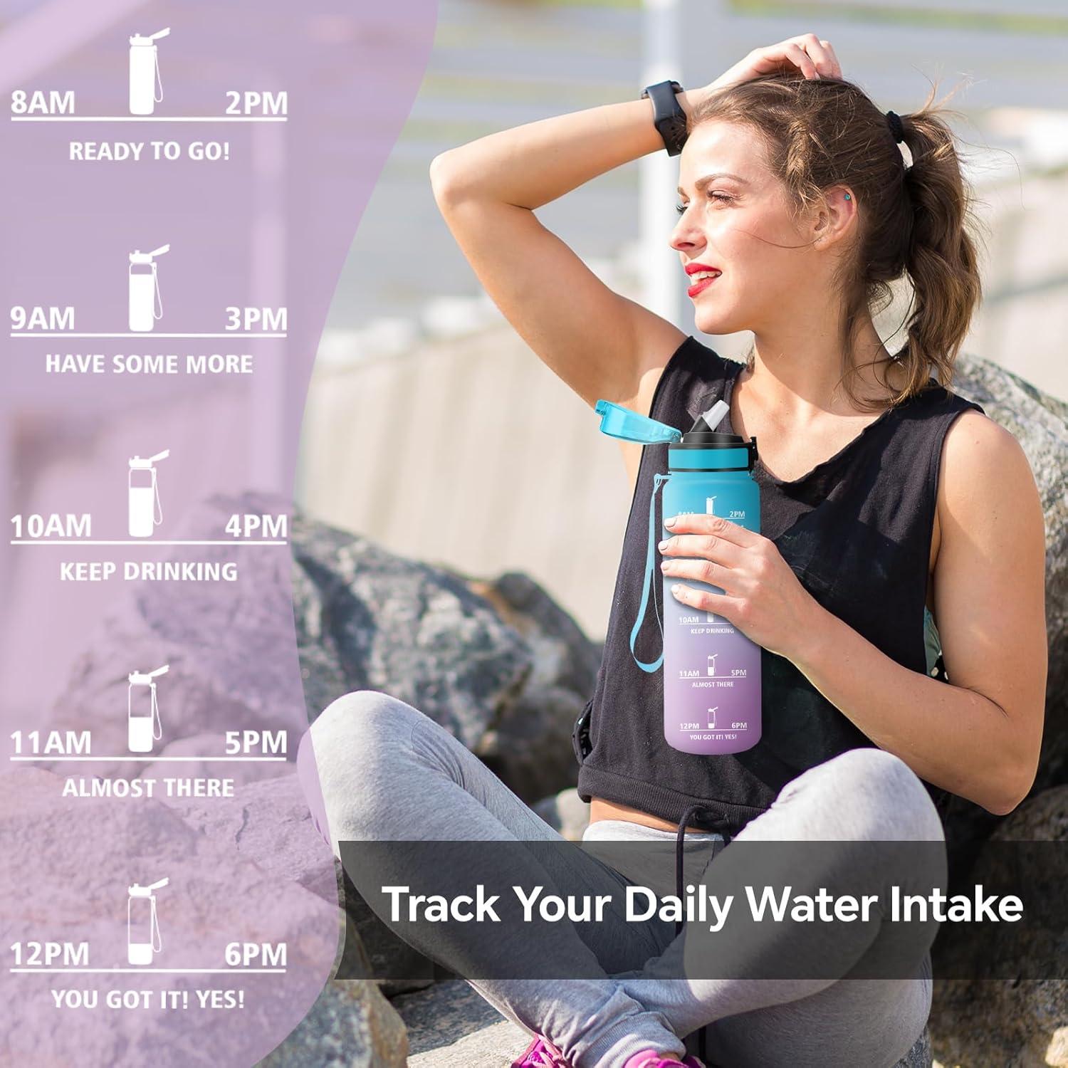 image:imageGourde Motivation 15l Gourde Gradue pour 1 Journee avec Paille Bouteille dEau Heure tanche Bouteille dEau pour Fitness Voyage lcole Randonne MusculationBleuviolet