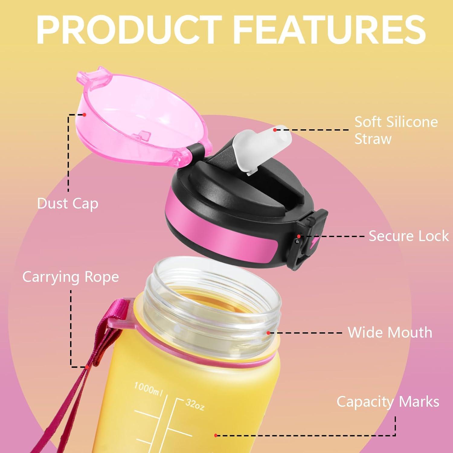 image:imageGourde Motivation 15l Gourde Gradue pour 1 Journee avec Paille Bouteille dEau Heure tanche Bouteille dEau pour Fitness Voyage lcole Randonne MusculationJaunerose