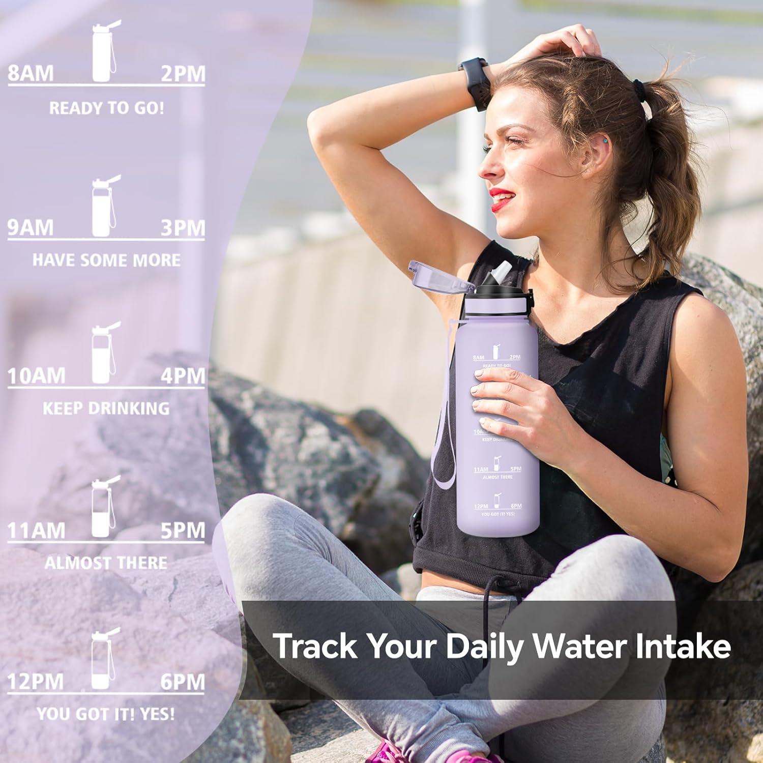 image:imageGourde Motivation 15l Gourde Gradue pour 1 Journee avec Paille Bouteille dEau Heure tanche Bouteille dEau pour Fitness Voyage lcole Randonne MusculationViolet