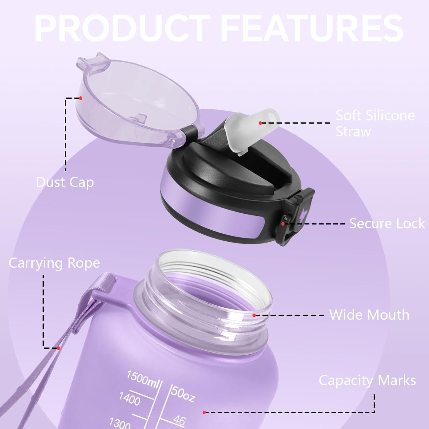 image:imageGourde Motivation 15l Gourde Gradue pour 1 Journee avec Paille Bouteille dEau Heure tanche Bouteille dEau pour Fitness Voyage lcole Randonne MusculationViolet