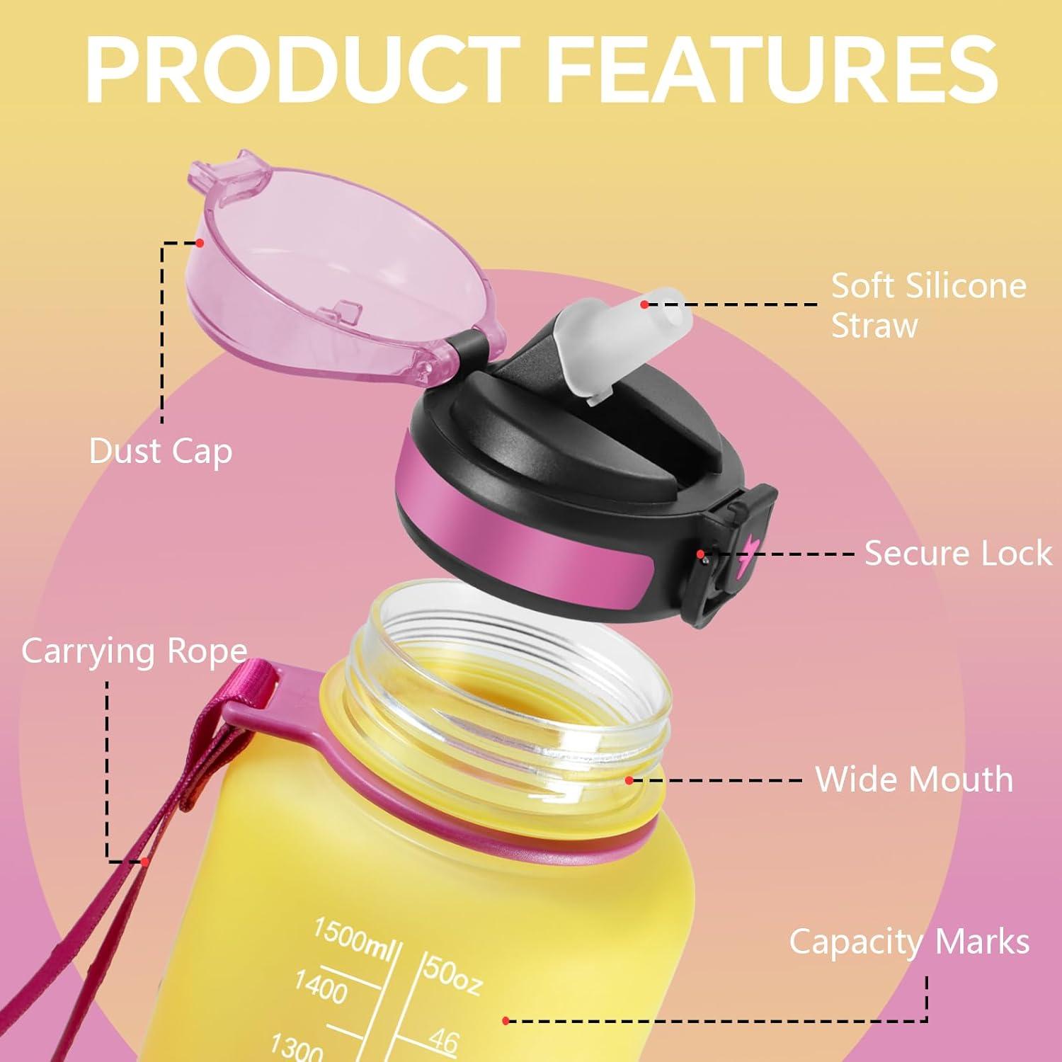 image:imageGourde Motivation 15l Gourde Gradue pour 1 Journee avec Paille Bouteille dEau Heure tanche Bouteille dEau pour Fitness Voyage lcole Randonne MusculationJaunerose