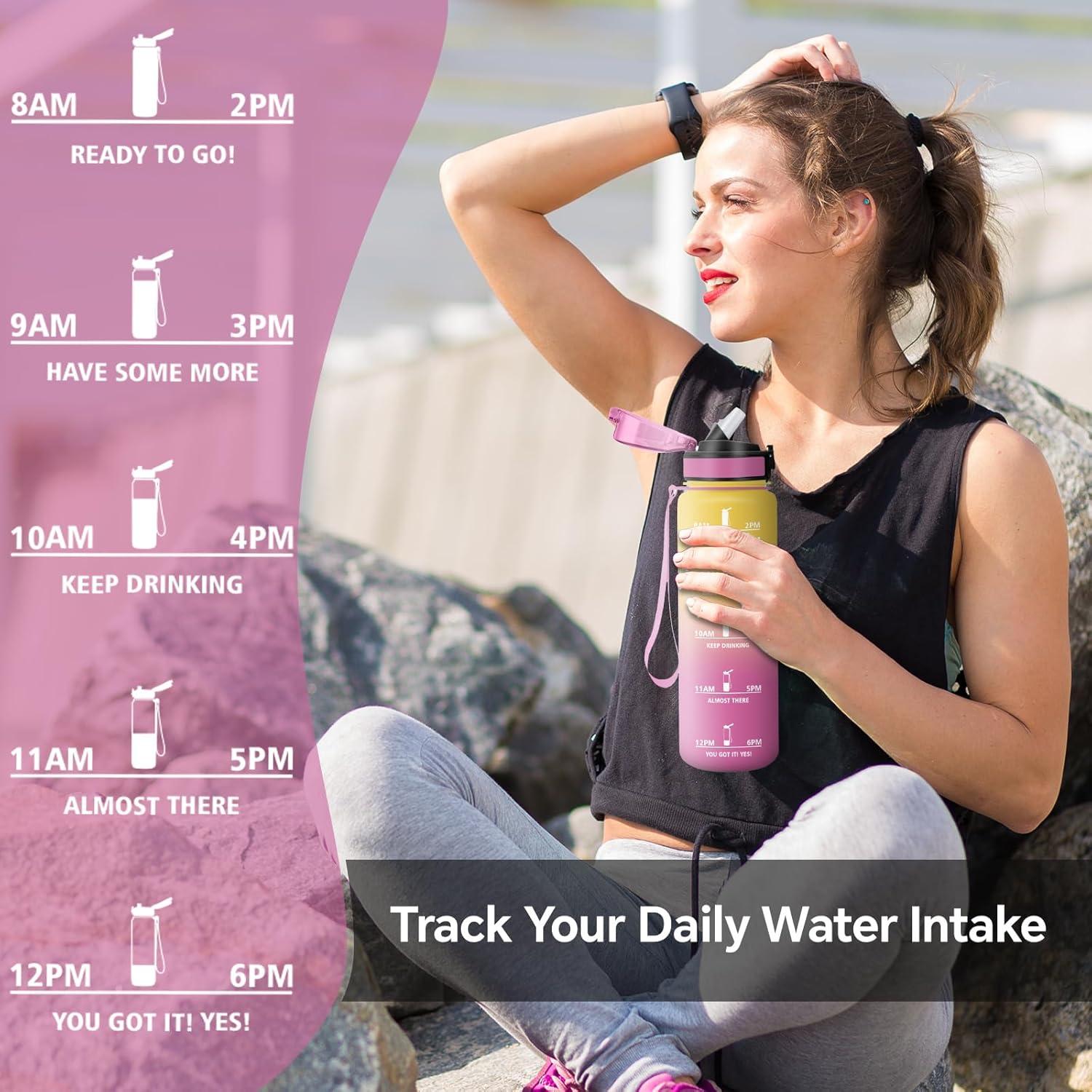 image:imageGourde Motivation 15l Gourde Gradue pour 1 Journee avec Paille Bouteille dEau Heure tanche Bouteille dEau pour Fitness Voyage lcole Randonne MusculationJaunerose