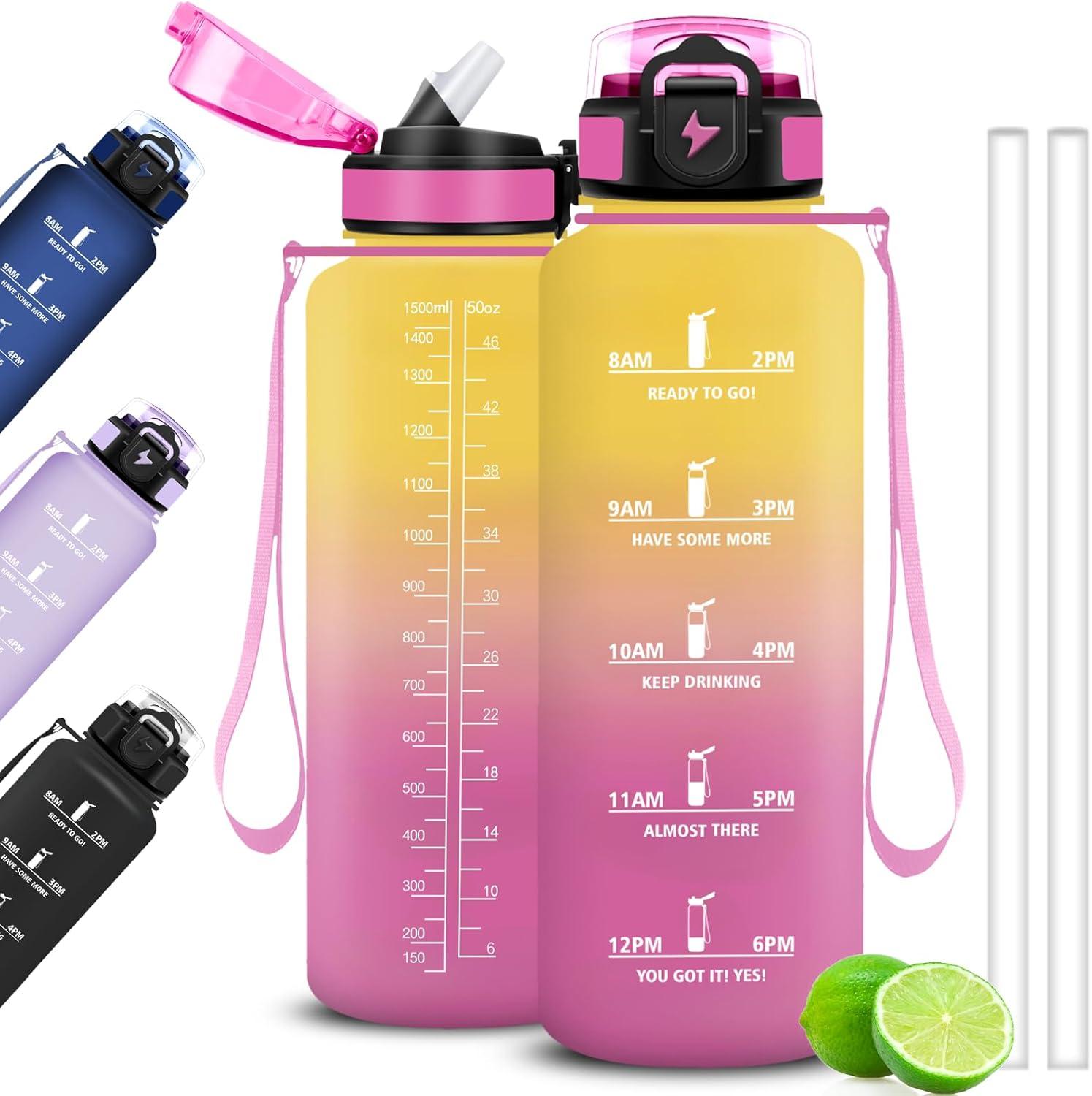 image:imageGourde Motivation 15l Gourde Gradue pour 1 Journee avec Paille Bouteille dEau Heure tanche Bouteille dEau pour Fitness Voyage lcole Randonne MusculationJaunerose