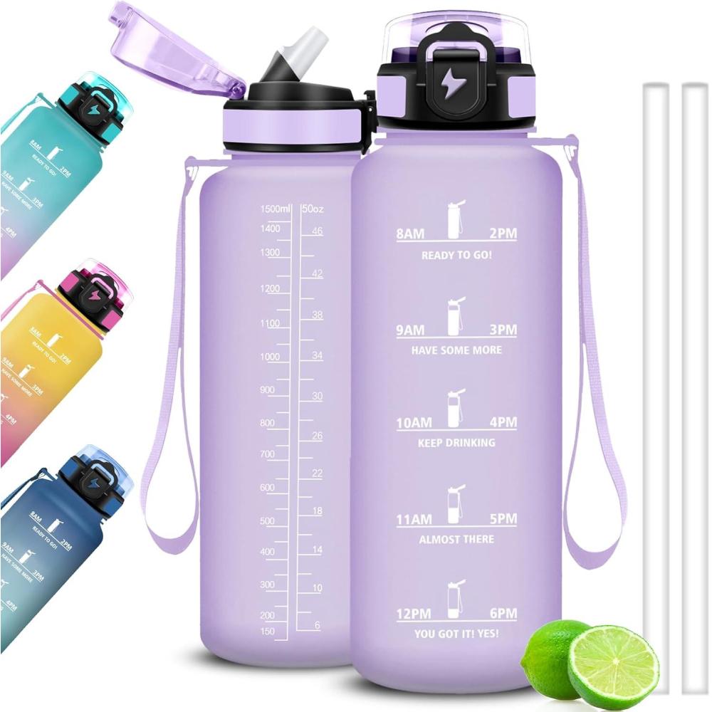 image:imageGourde Motivation 15l Gourde Gradue pour 1 Journee avec Paille Bouteille dEau Heure tanche Bouteille dEau pour Fitness Voyage lcole Randonne MusculationViolet