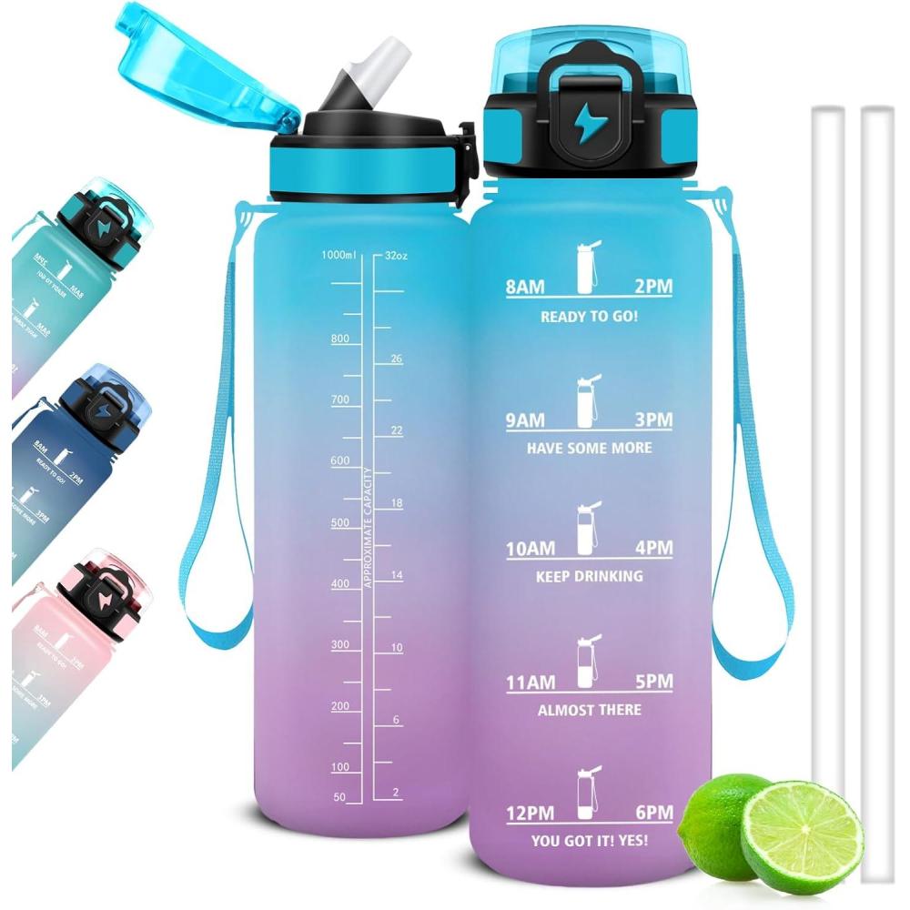 image:imageGourde Motivation 15l Gourde Gradue pour 1 Journee avec Paille Bouteille dEau Heure tanche Bouteille dEau pour Fitness Voyage lcole Randonne MusculationBleuviolet