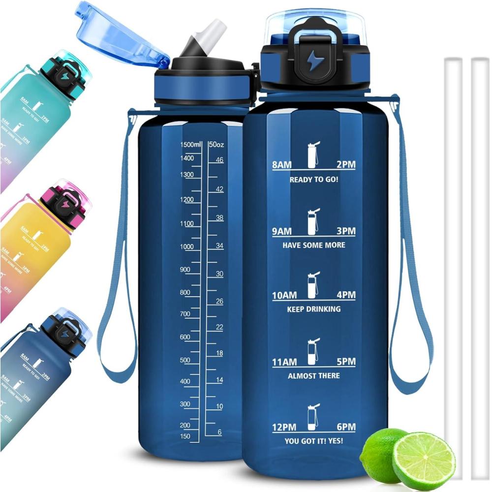 image:imageGourde Motivation 15l Gourde Gradue pour 1 Journee avec Paille Bouteille dEau Heure tanche Bouteille dEau pour Fitness Voyage lcole Randonne MusculationBleu Marineg