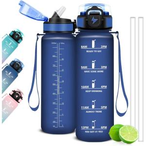 Gourde Motivation – 1.5l- Gourde Graduée pour 1 Journee, avec Paille, Bouteille d&rsquo;Eau Heure, Étanche, Bouteille d&rsquo;Eau pour Fitness, Voyage, l&rsquo;école, Randonnée, Musculation(Bleu Marine)