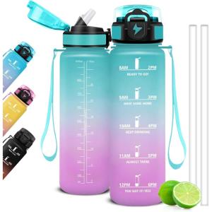 Gourde Motivation – 1.5l- Gourde Graduée pour 1 Journee, avec Paille, Bouteille d&rsquo;Eau Heure, Étanche, Bouteille d&rsquo;Eau pour Fitness, Voyage, l&rsquo;école, Randonnée, Musculation(Vert-rose)