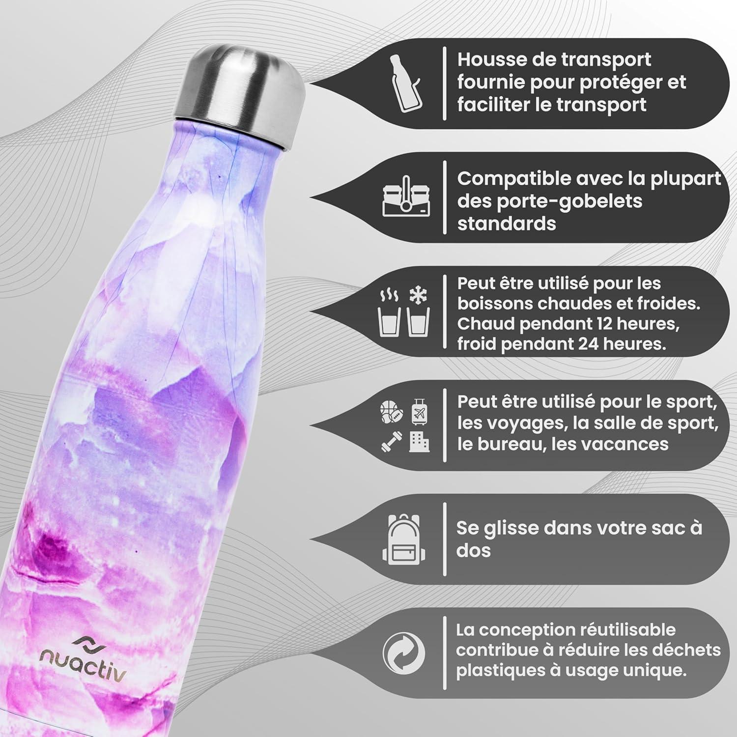 image:imageBouteille Isotherme 500ml en Acier Inox Garde 24h Froid ampamp 12h Chaud Gourde Double Paroi Sans BPA tanche Rutilisable pour Voyage Randonne cole Sport Fitness ampamp Usage QuotidienMarbre Violet