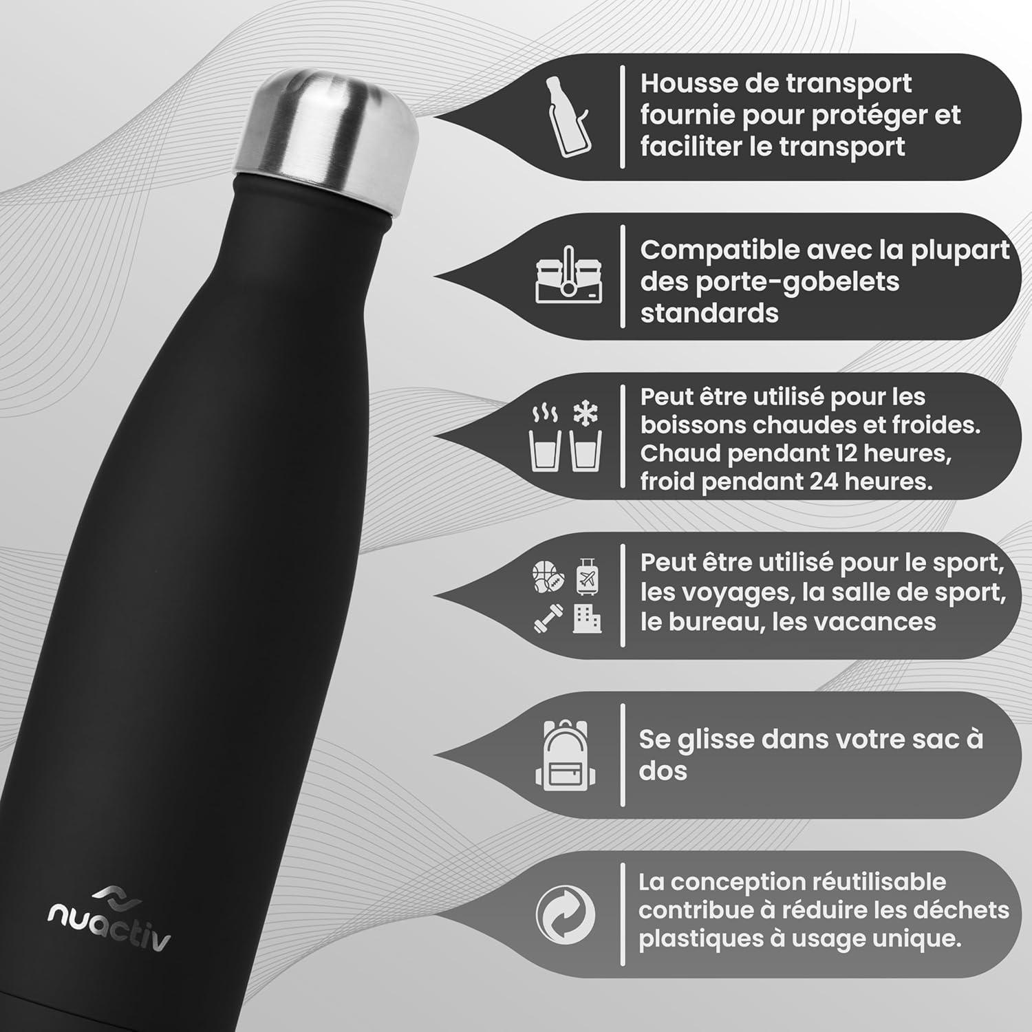 image:imageBouteille Isotherme 500ml en Acier Inox Garde 24h Froid ampamp 12h Chaud Gourde Double Paroi Sans BPA tanche Rutilisable pour Voyage Randonne cole Sport Fitness ampamp Usage QuotidienNoir de Minuit