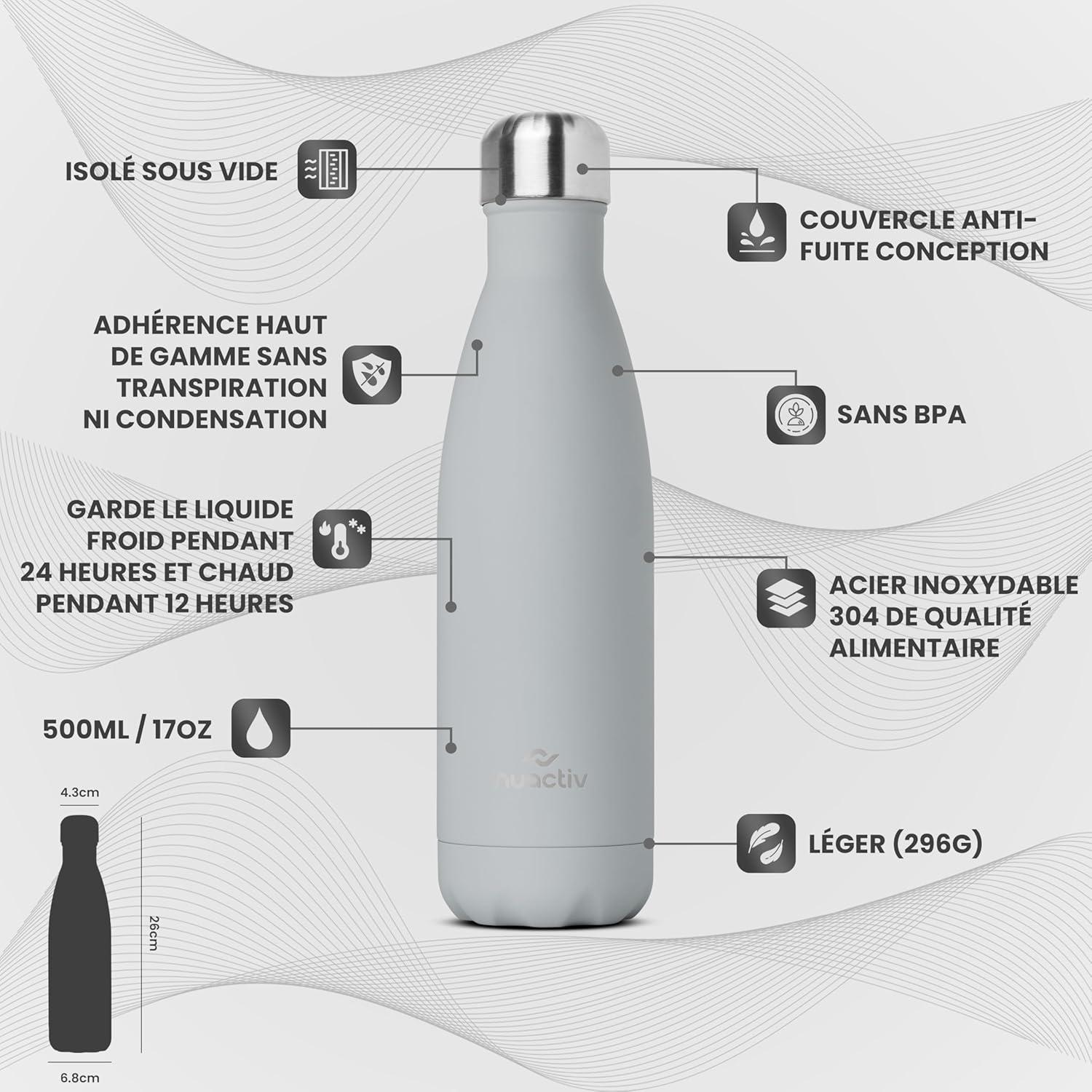 image:imageBouteille Isotherme 500ml en Acier Inox Garde 24h Froid ampamp 12h Chaud Gourde Double Paroi Sans BPA tanche Rutilisable pour Voyage Randonne cole Sport Fitness ampamp Usage QuotidienGris
