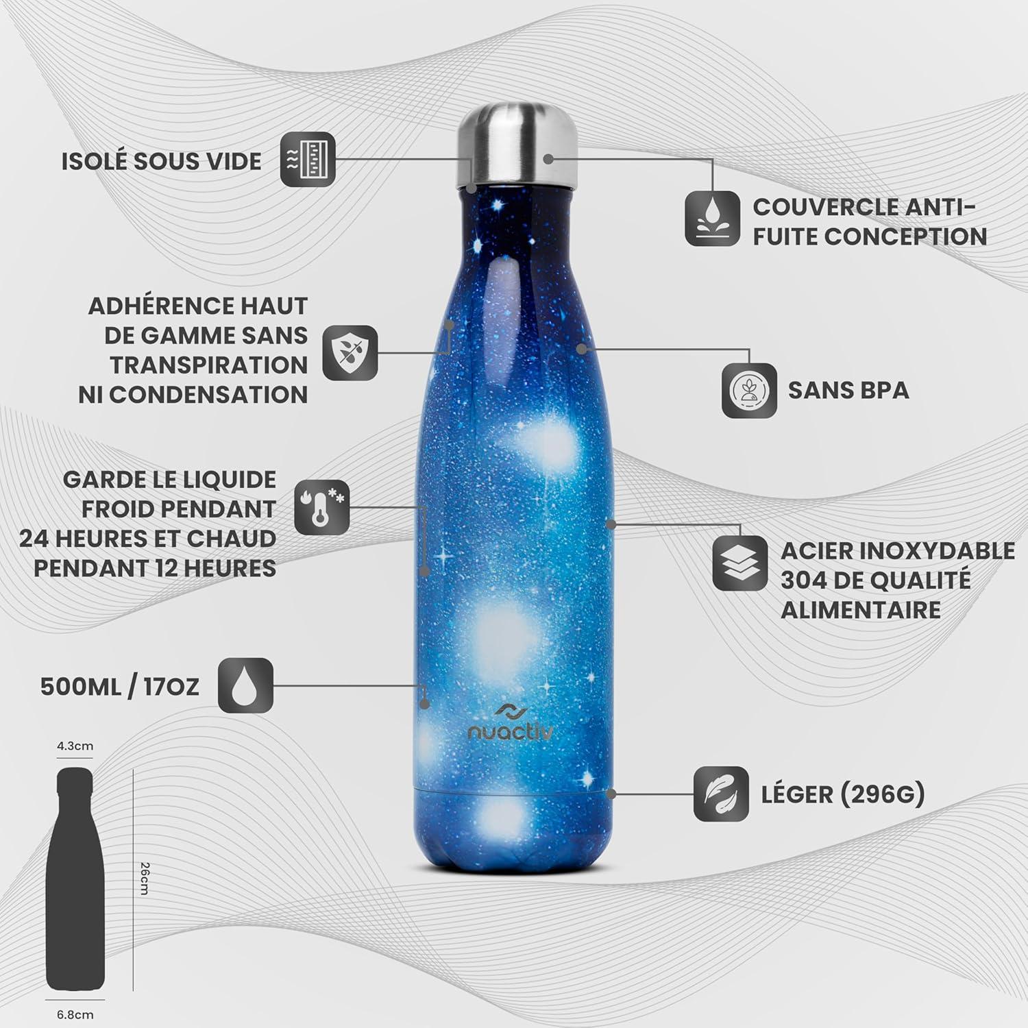 image:imageBouteille Isotherme 500ml en Acier Inox Garde 24h Froid ampamp 12h Chaud Gourde Double Paroi Sans BPA tanche Rutilisable pour Voyage Randonne cole Sport Fitness ampamp Usage QuotidienGalaxie Bleue