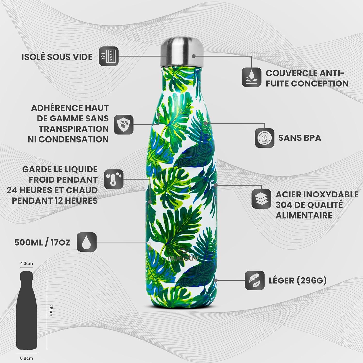 image:imageBouteille Isotherme 500ml en Acier Inox Garde 24h Froid ampamp 12h Chaud Gourde Double Paroi Sans BPA tanche Rutilisable pour Voyage Randonne cole Sport Fitness ampamp Usage QuotidienFeuille de Bananier