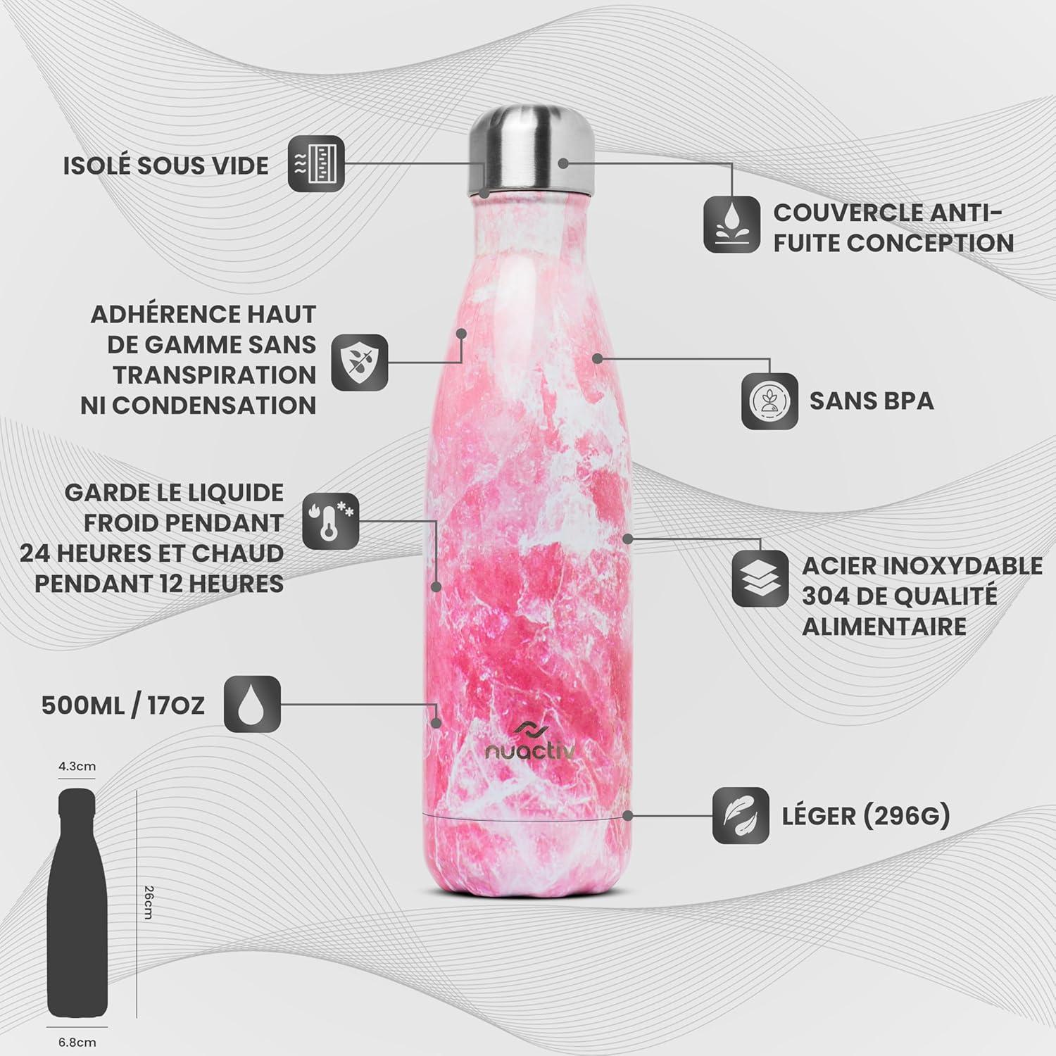 image:imageBouteille Isotherme 500ml en Acier Inox Garde 24h Froid ampamp 12h Chaud Gourde Double Paroi Sans BPA tanche Rutilisable pour Voyage Randonne cole Sport Fitness ampamp Usage QuotidienMarbre Rose