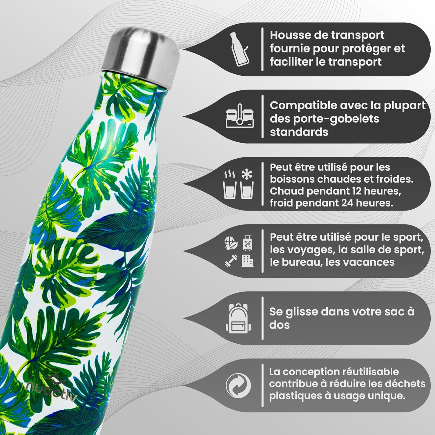 image:imageBouteille Isotherme 500ml en Acier Inox Garde 24h Froid ampamp 12h Chaud Gourde Double Paroi Sans BPA tanche Rutilisable pour Voyage Randonne cole Sport Fitness ampamp Usage QuotidienFeuille de Bananier