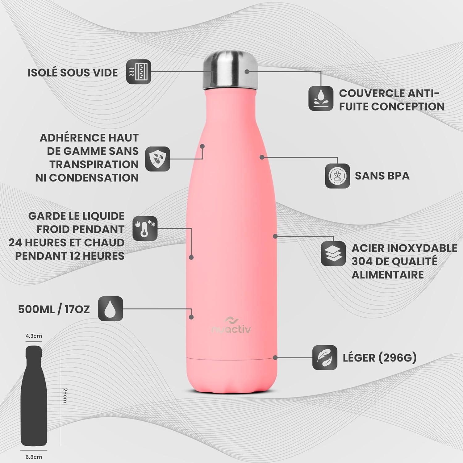 image:imageBouteille Isotherme 500ml en Acier Inox Garde 24h Froid ampamp 12h Chaud Gourde Double Paroi Sans BPA tanche Rutilisable pour Voyage Randonne cole Sport Fitness ampamp Usage QuotidienRose