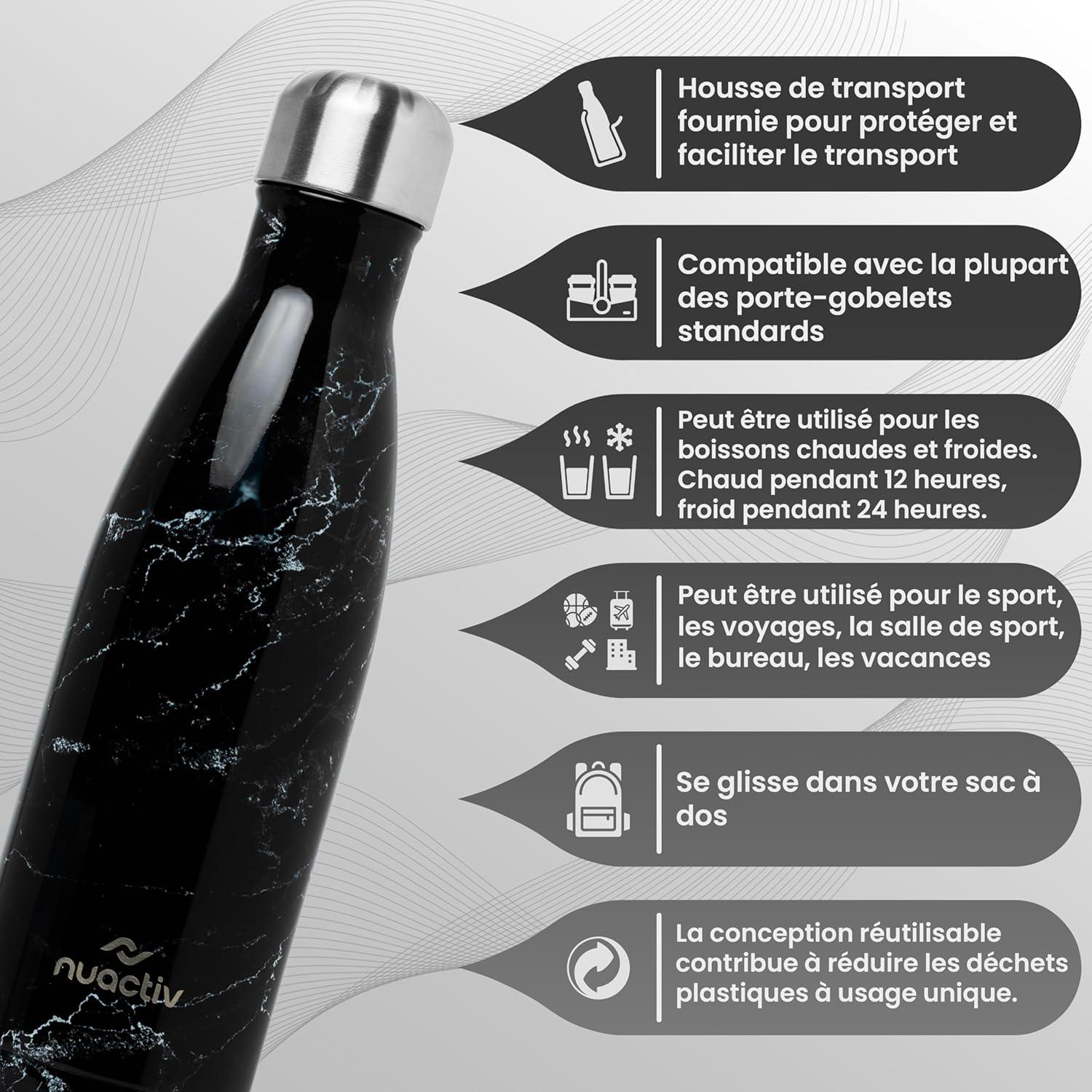 image:imageBouteille Isotherme 500ml en Acier Inox Garde 24h Froid ampamp 12h Chaud Gourde Double Paroi Sans BPA tanche Rutilisable pour Voyage Randonne cole Sport Fitness ampamp Usage QuotidienMarbre Noir