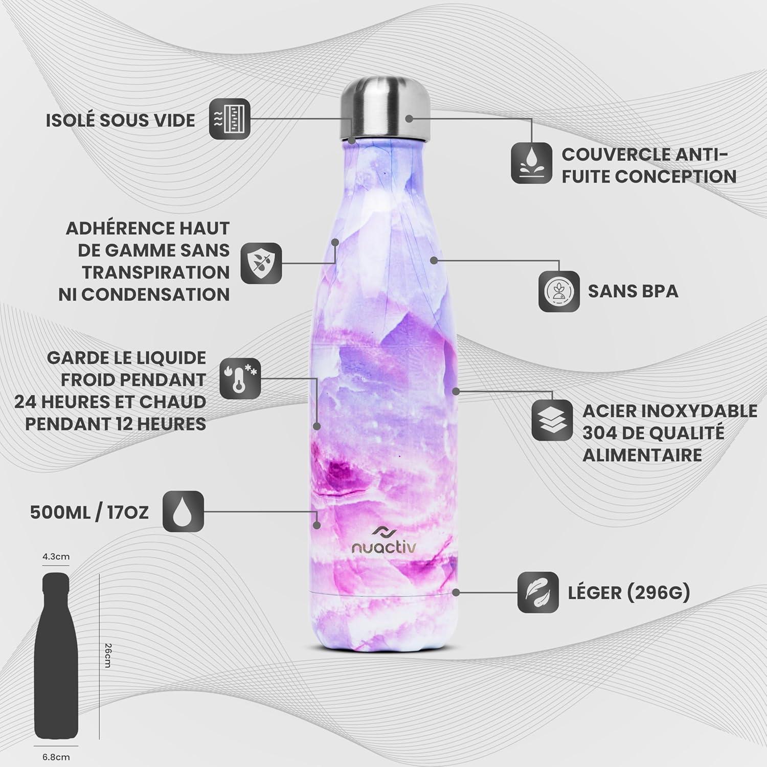 image:imageBouteille Isotherme 500ml en Acier Inox Garde 24h Froid ampamp 12h Chaud Gourde Double Paroi Sans BPA tanche Rutilisable pour Voyage Randonne cole Sport Fitness ampamp Usage QuotidienMarbre Violet