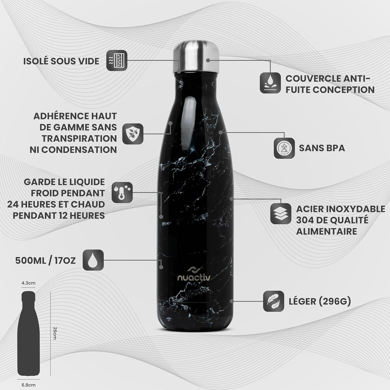 image:imageBouteille Isotherme 500ml en Acier Inox Garde 24h Froid ampamp 12h Chaud Gourde Double Paroi Sans BPA tanche Rutilisable pour Voyage Randonne cole Sport Fitness ampamp Usage QuotidienMarbre Noir