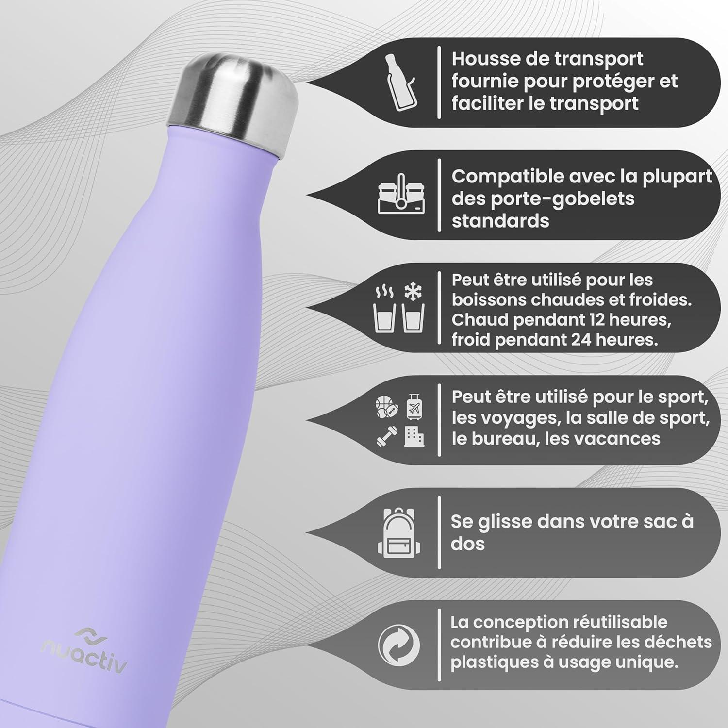 image:imageBouteille Isotherme 500ml en Acier Inox Garde 24h Froid ampamp 12h Chaud Gourde Double Paroi Sans BPA tanche Rutilisable pour Voyage Randonne cole Sport Fitness ampamp Usage QuotidienLilas