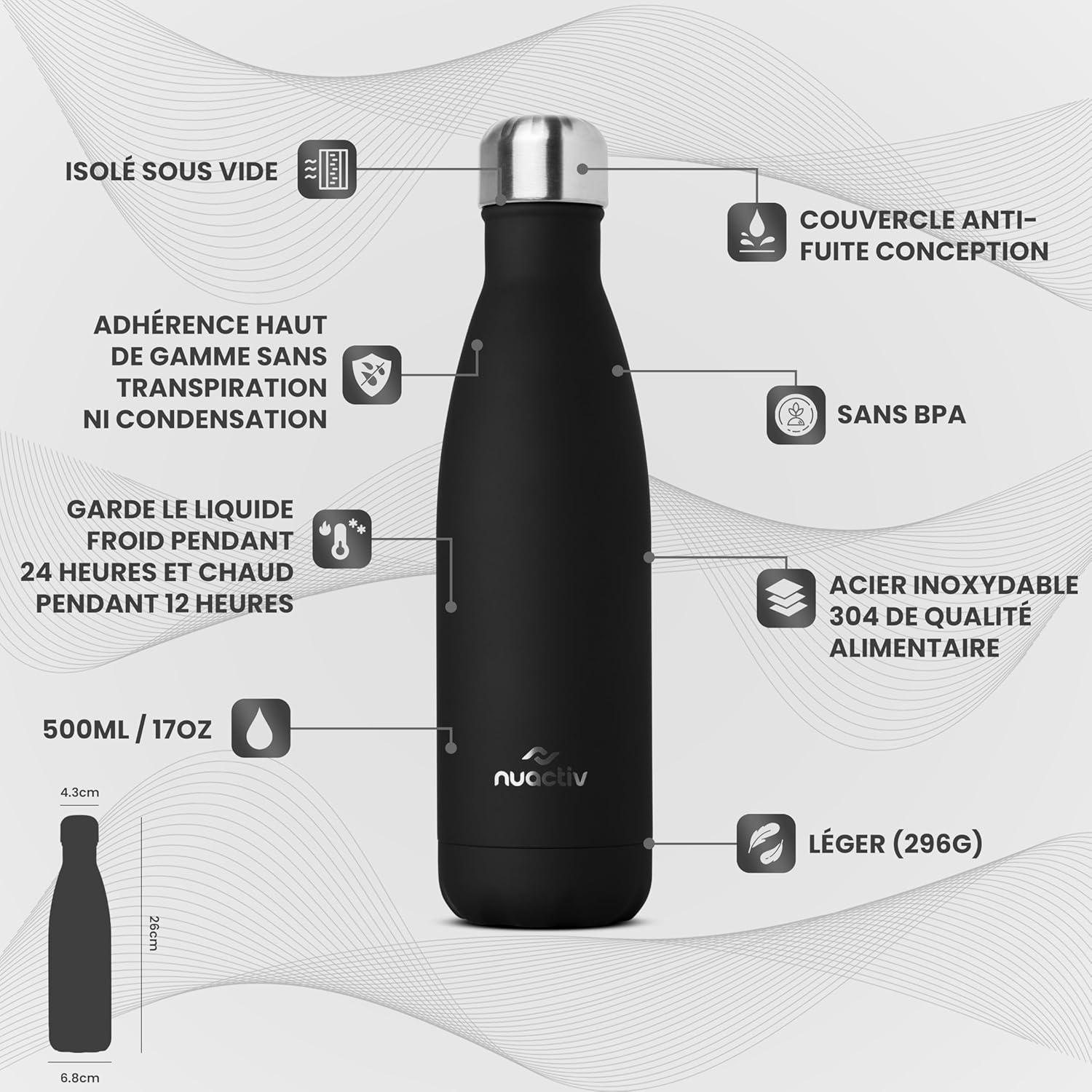 image:imageBouteille Isotherme 500ml en Acier Inox Garde 24h Froid ampamp 12h Chaud Gourde Double Paroi Sans BPA tanche Rutilisable pour Voyage Randonne cole Sport Fitness ampamp Usage QuotidienNoir de Minuit
