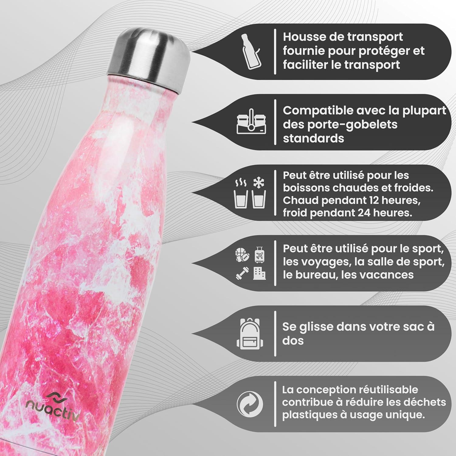 image:imageBouteille Isotherme 500ml en Acier Inox Garde 24h Froid ampamp 12h Chaud Gourde Double Paroi Sans BPA tanche Rutilisable pour Voyage Randonne cole Sport Fitness ampamp Usage QuotidienMarbre Rose