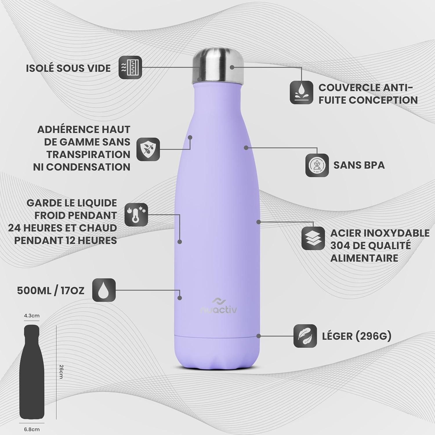 image:imageBouteille Isotherme 500ml en Acier Inox Garde 24h Froid ampamp 12h Chaud Gourde Double Paroi Sans BPA tanche Rutilisable pour Voyage Randonne cole Sport Fitness ampamp Usage QuotidienLilas