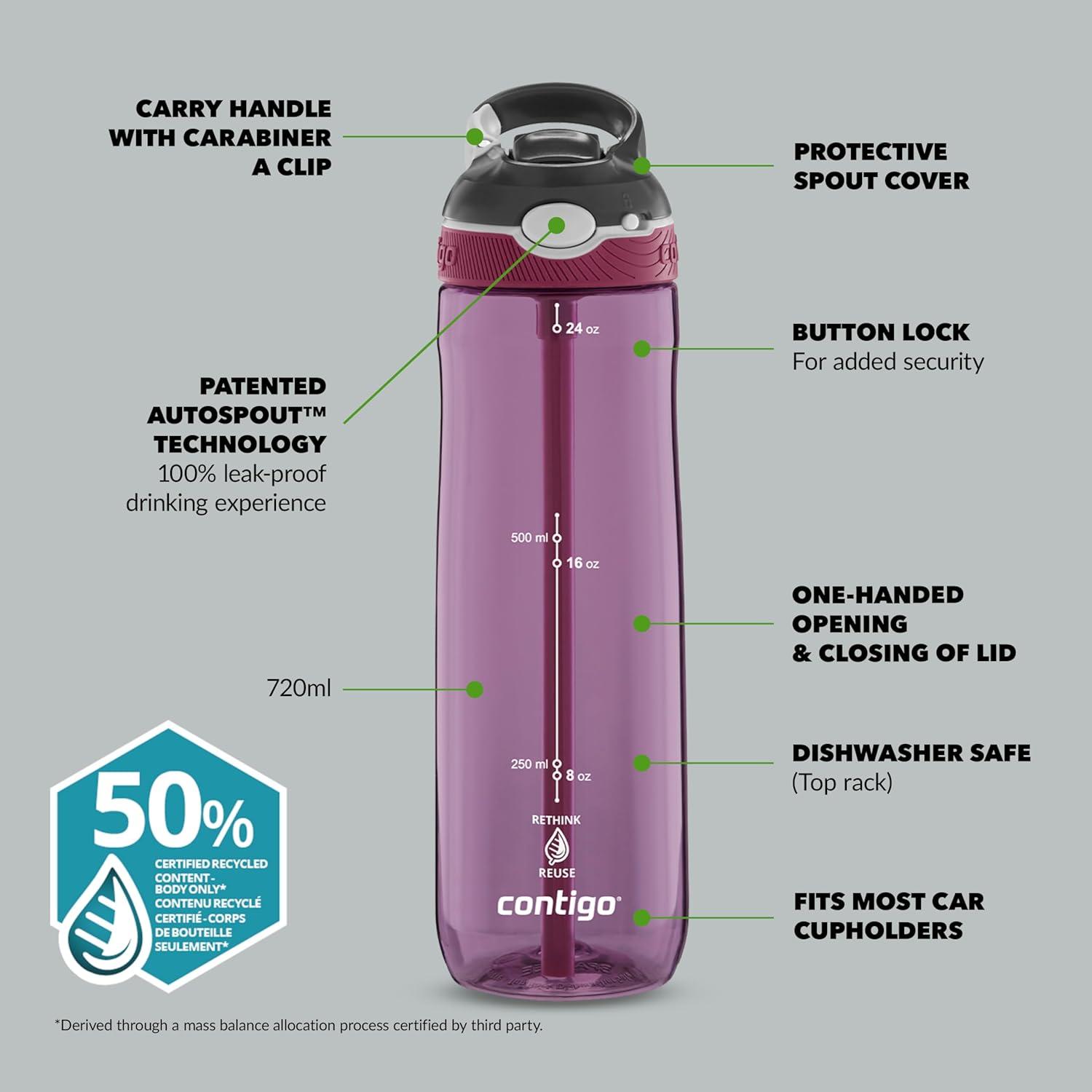 image:imageContigo Ashland Autospout Gourde avec Paille Rabattable Grande Bouteille dEau de 720 ML sans BPA Gourde de Sport Bouteille antifuites Idale pour lcole Le Sport Le vloPassionfruit