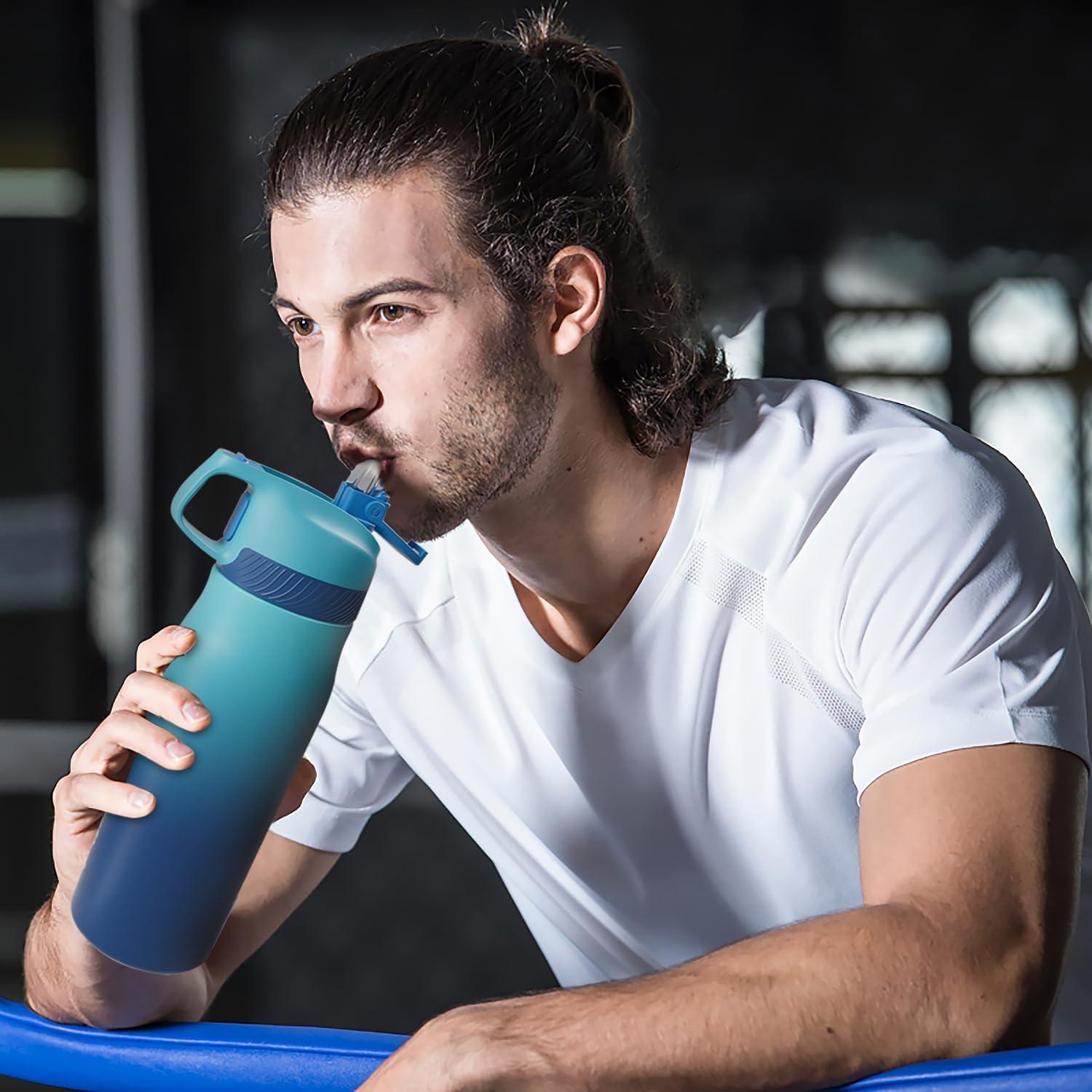 image:imageFjbottle Gourde Isotherme en Acier Inoxydable Bouteille deau avec Paille pour le Sport et les Voyages Antifuite sans BPA 550710 mlBleu