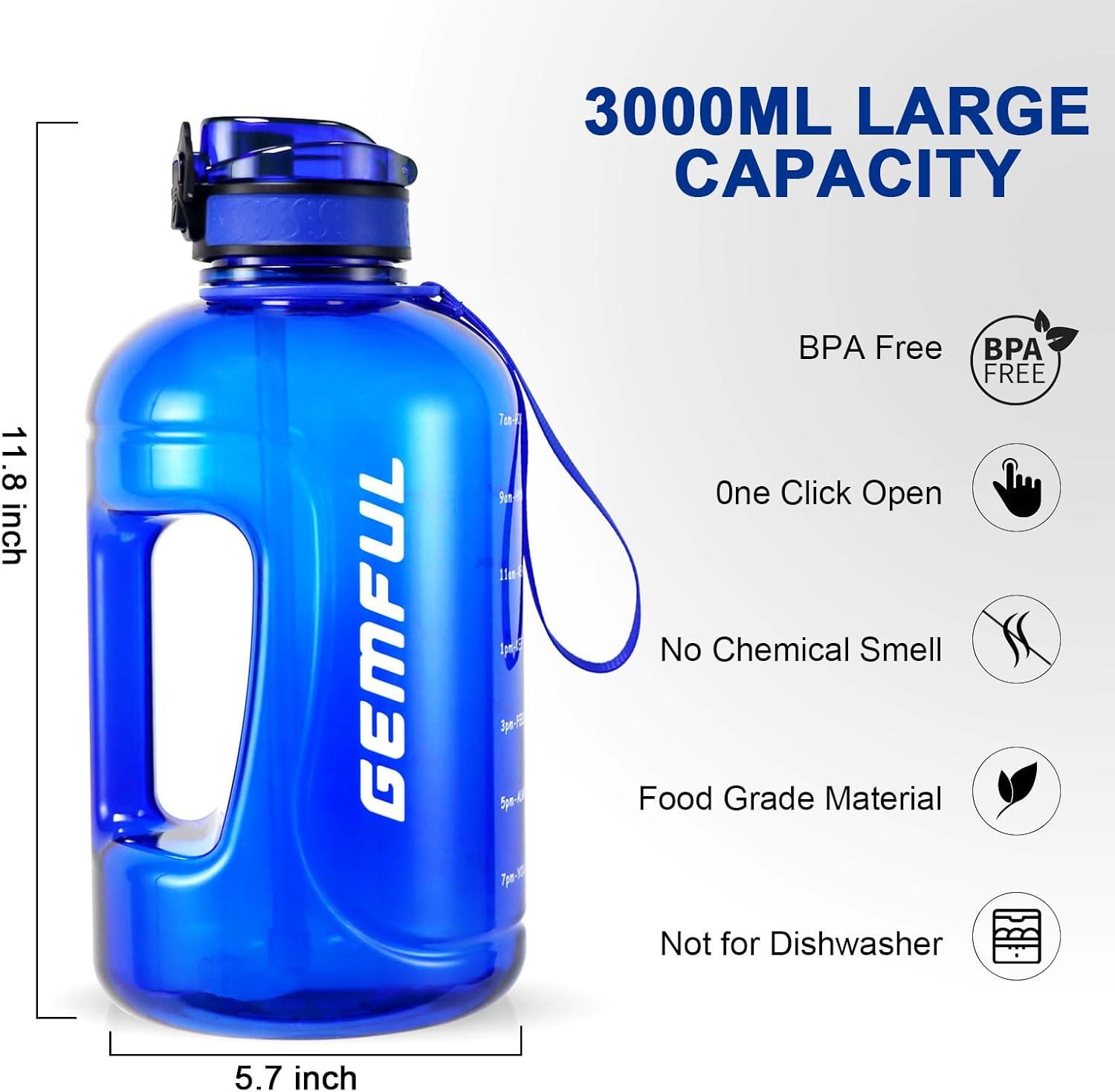 image:imageGEMFUL Bouteille deau de 3 litres avec Paille et Marquages de Temps Motivants sans BPA Grande Gourde pour le Sport Antifuite de 3 L pour Fitness Gym Camping Royal BlueRoyal Blue