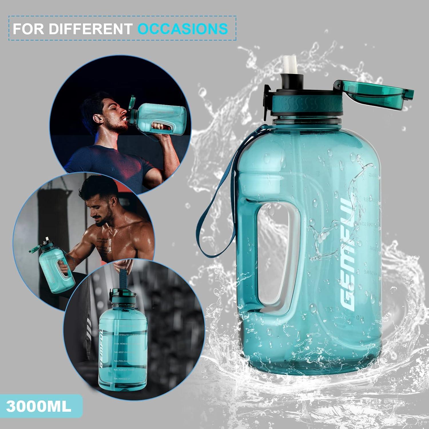 image:imageGEMFUL Bouteille deau de 3 litres avec Paille et Marquages de Temps Motivants sans BPA Grande Gourde pour le Sport Antifuite de 3 L pour Fitness Gym Camping Royal BlueCyan