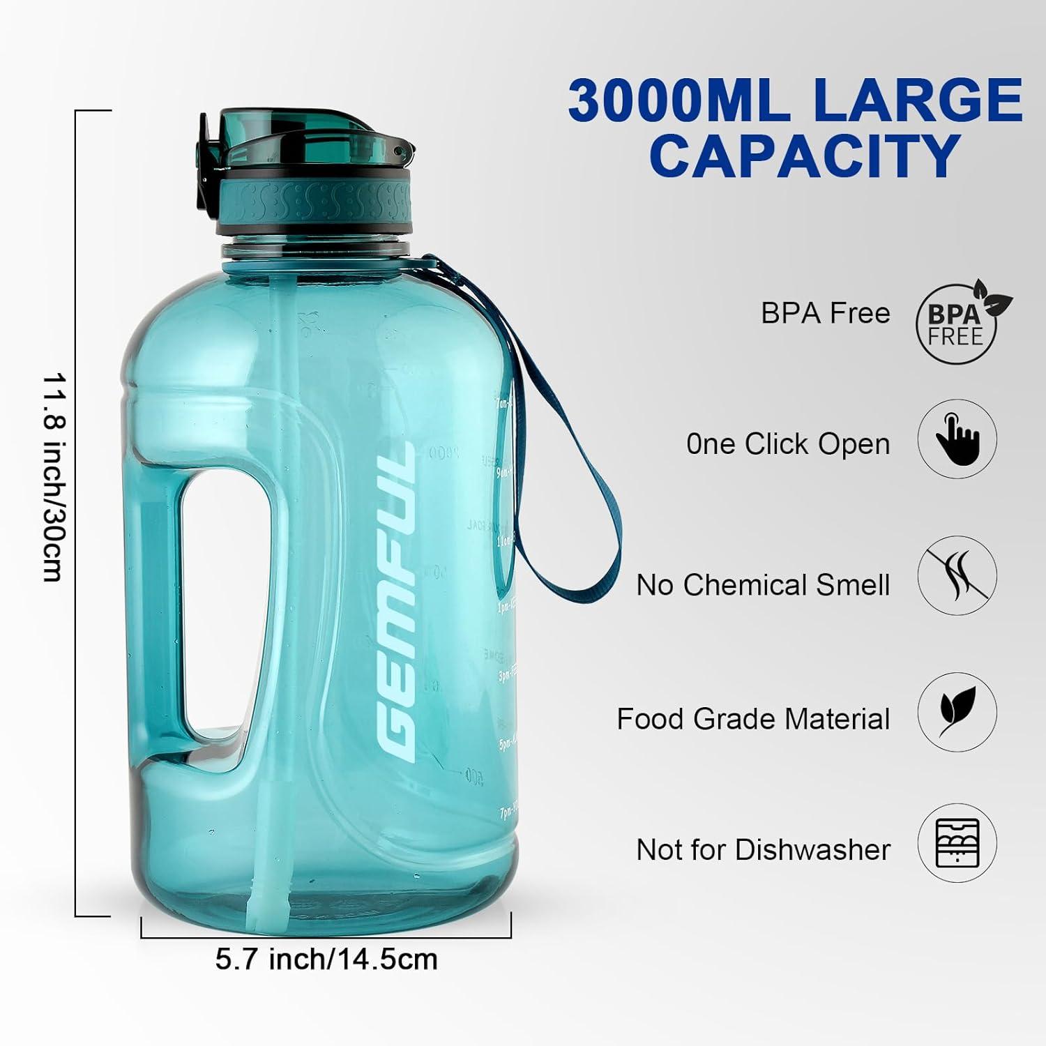 image:imageGEMFUL Bouteille deau de 3 litres avec Paille et Marquages de Temps Motivants sans BPA Grande Gourde pour le Sport Antifuite de 3 L pour Fitness Gym Camping Royal BlueCyan