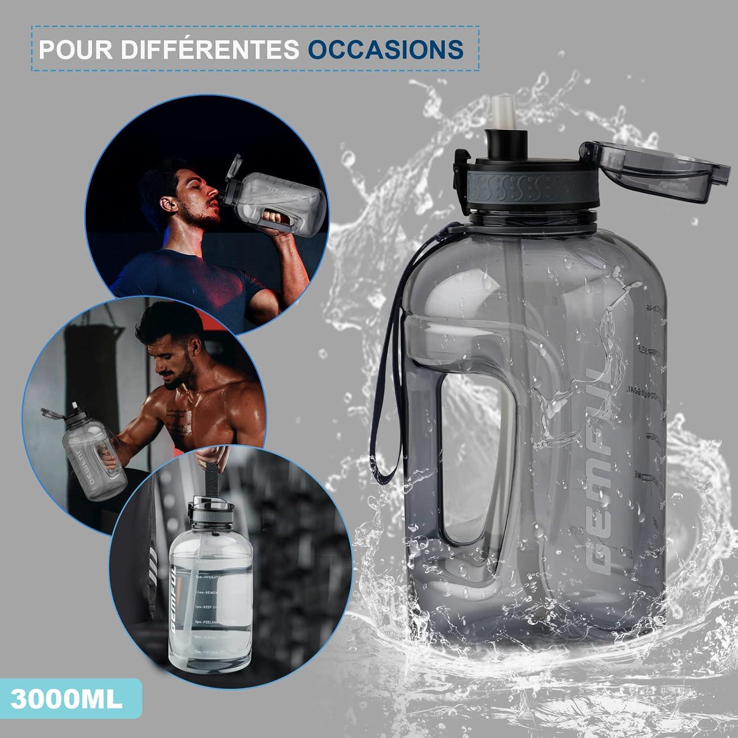 image:imageGEMFUL Bouteille deau de 3 litres avec Paille et Marquages de Temps Motivants sans BPA Grande Gourde pour le Sport Antifuite de 3 L pour Fitness Gym Camping Royal BlueGris