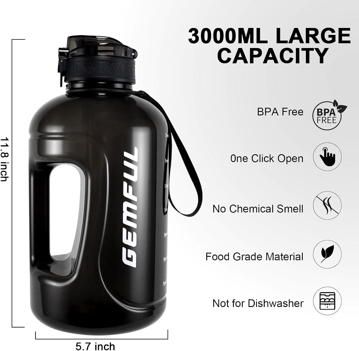 image:imageGEMFUL Bouteille deau de 3 litres avec Paille et Marquages de Temps Motivants sans BPA Grande Gourde pour le Sport Antifuite de 3 L pour Fitness Gym Camping Royal BlueNoir