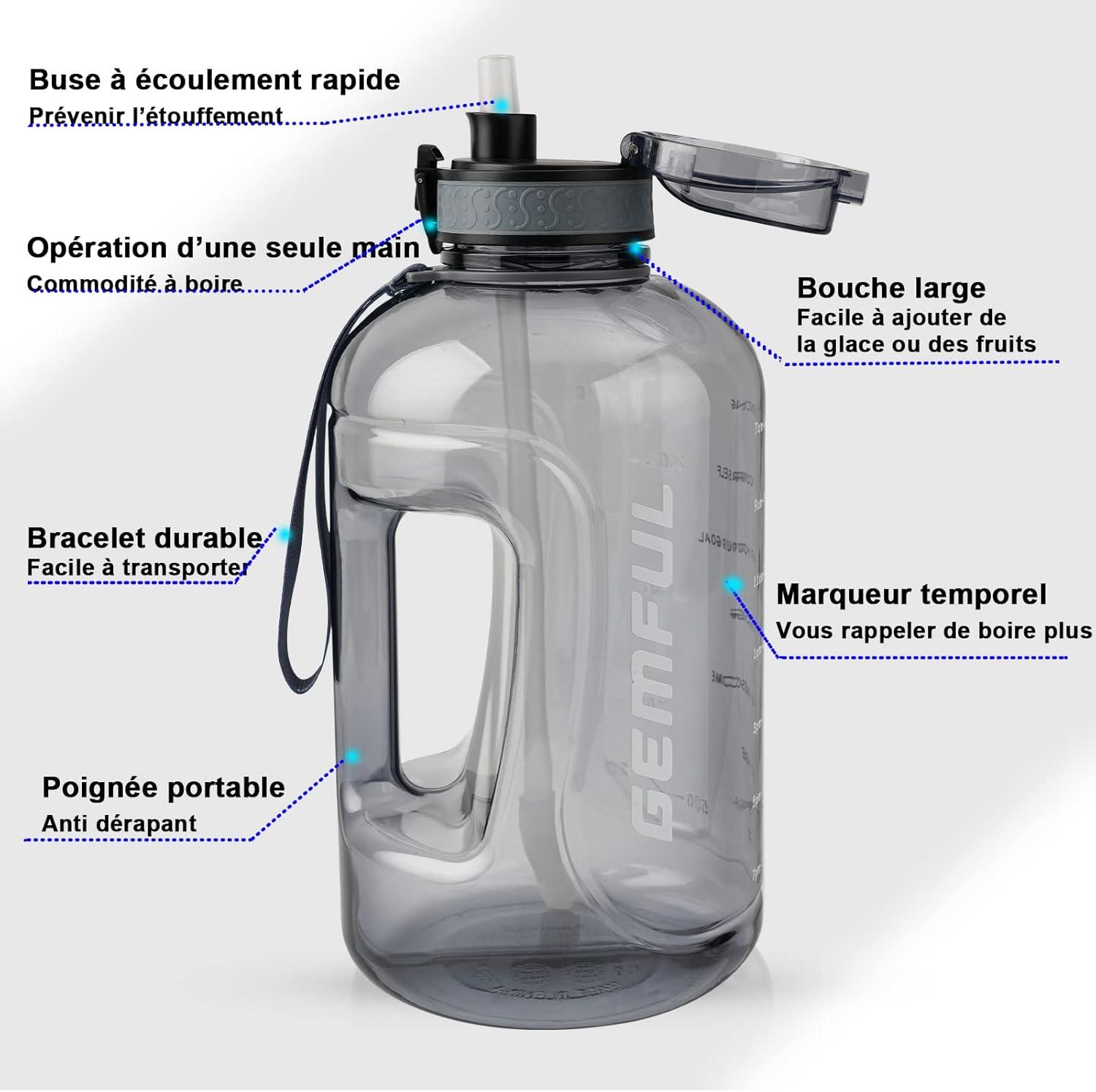 image:imageGEMFUL Bouteille deau de 3 litres avec Paille et Marquages de Temps Motivants sans BPA Grande Gourde pour le Sport Antifuite de 3 L pour Fitness Gym Camping Royal BlueGris