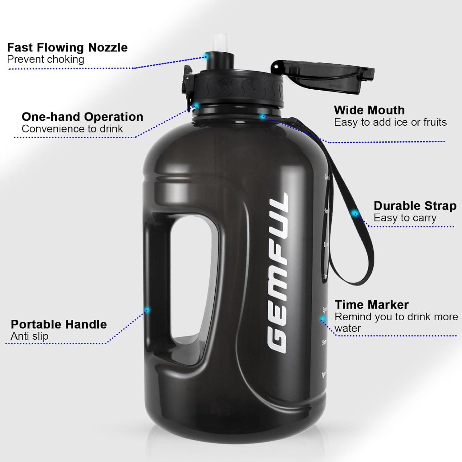 image:imageGEMFUL Bouteille deau de 3 litres avec Paille et Marquages de Temps Motivants sans BPA Grande Gourde pour le Sport Antifuite de 3 L pour Fitness Gym Camping Royal BlueNoir